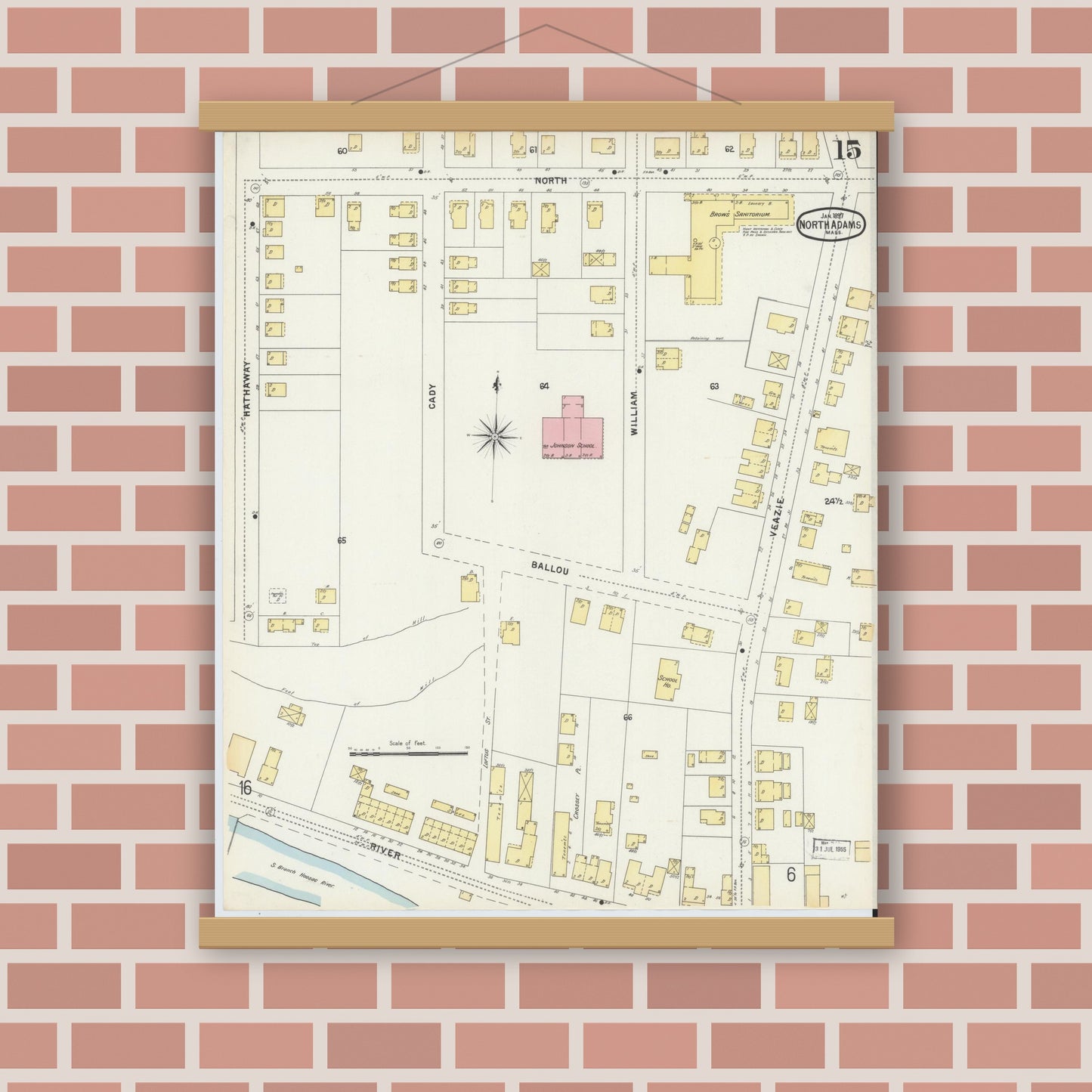 Old map wall art mockup — magnetic wood frame on brick wall — Sanborn Fire Insurance Map from North Adams, Berkshire County, Massachusetts (1897), Sheet #0015