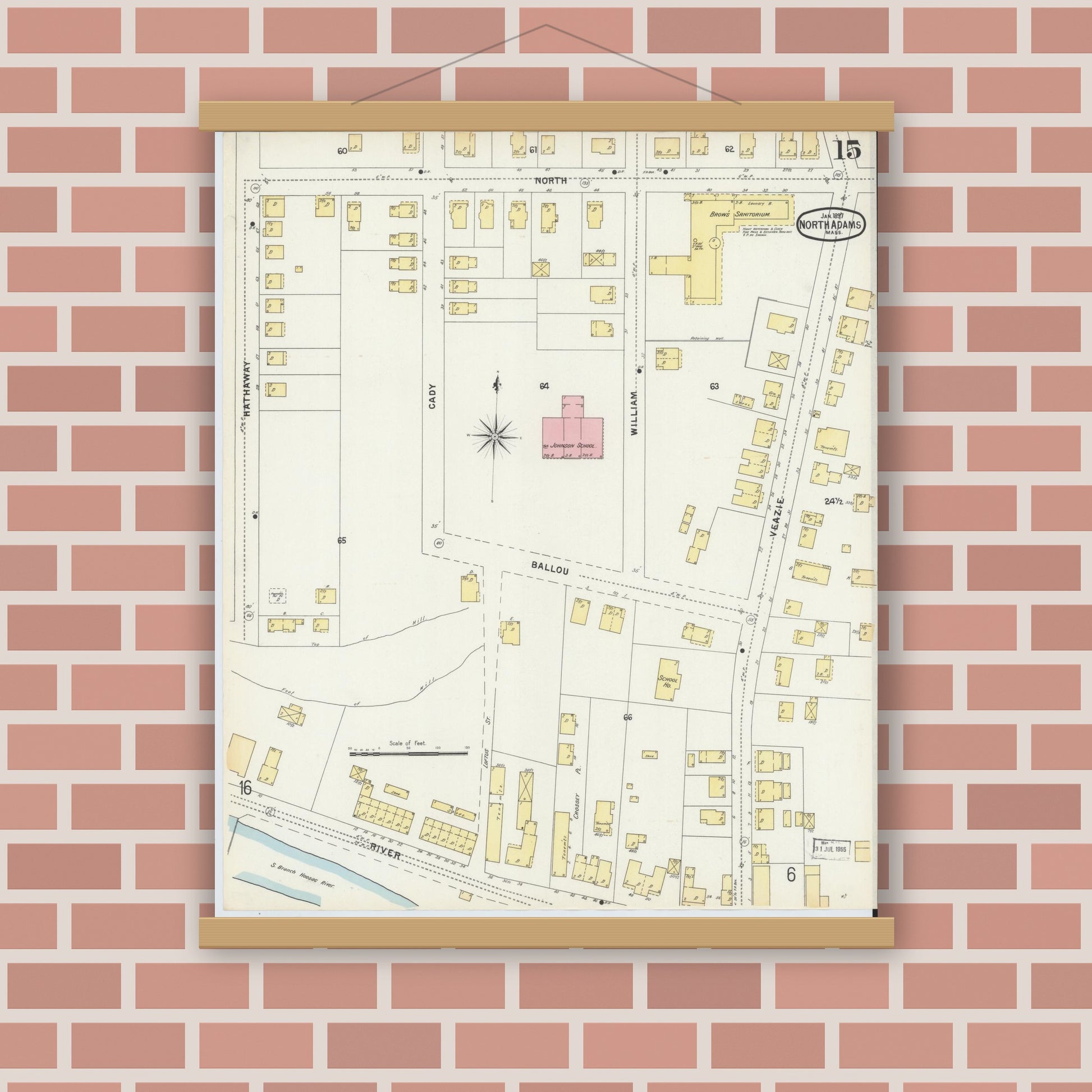 Old map wall art mockup — magnetic wood frame on brick wall — Sanborn Fire Insurance Map from North Adams, Berkshire County, Massachusetts (1897), Sheet #0015