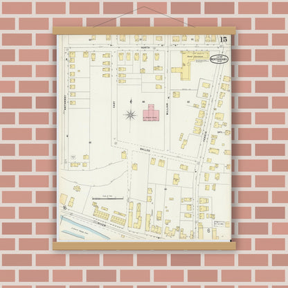 Old map wall art mockup — magnetic wood frame on brick wall — Sanborn Fire Insurance Map from North Adams, Berkshire County, Massachusetts (1897), Sheet #0015