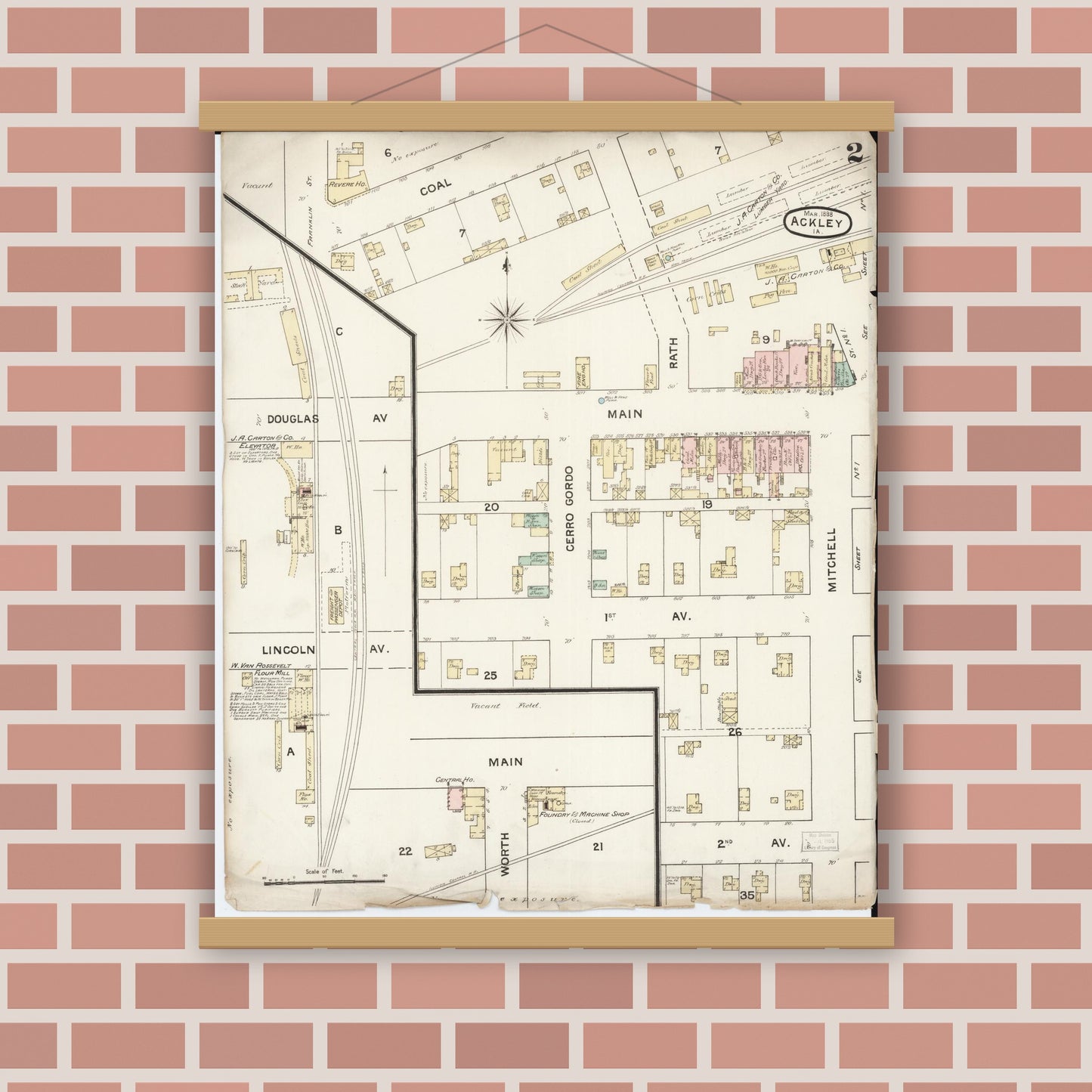 Old map wall art mockup — magnetic wood frame on brick wall — Sanborn Fire Insurance Map from Ackley, Hardin and Franklin Counties, Iowa (1888), Sheet #0002