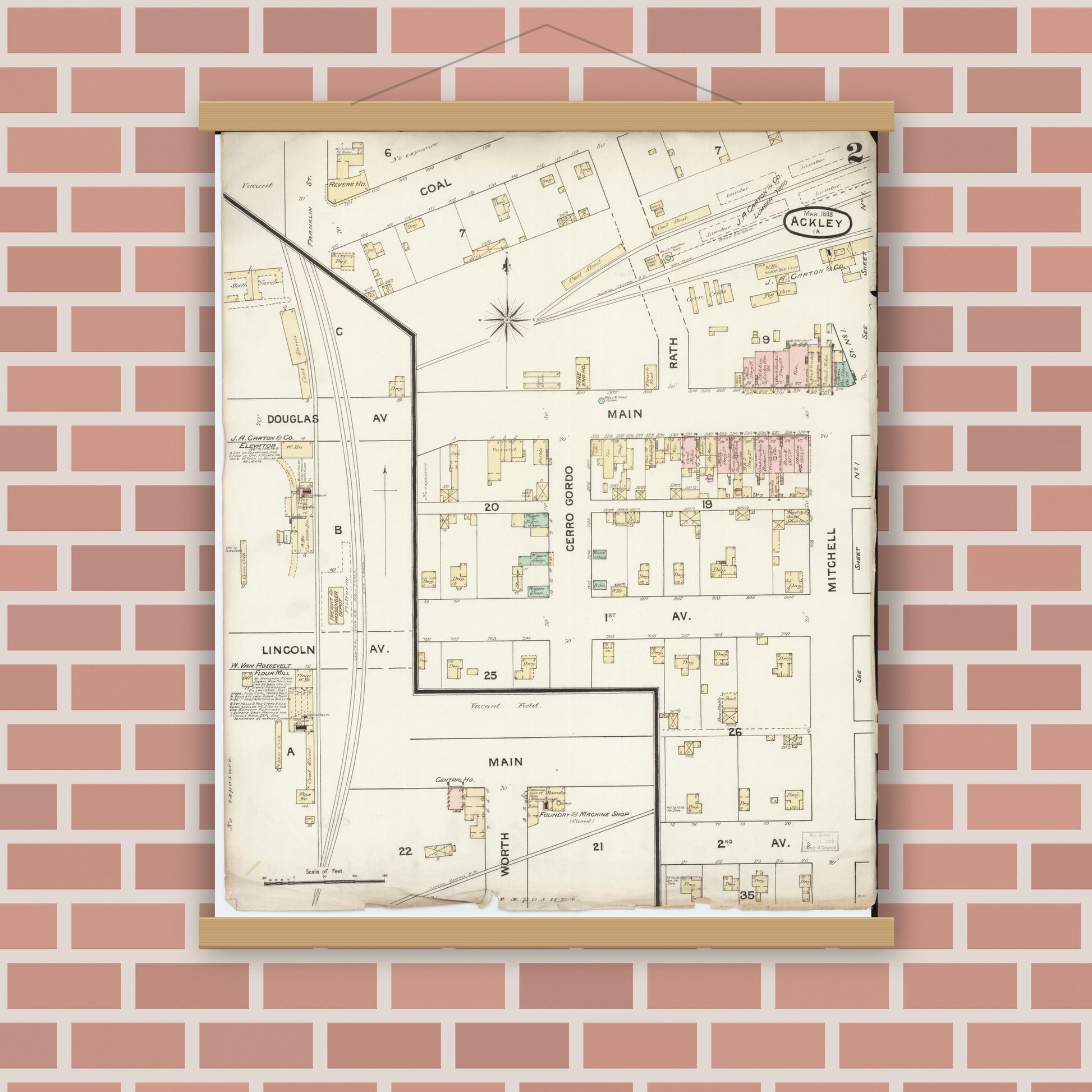 Old map wall art mockup — magnetic wood frame on brick wall — Sanborn Fire Insurance Map from Ackley, Hardin and Franklin Counties, Iowa (1888), Sheet #0002