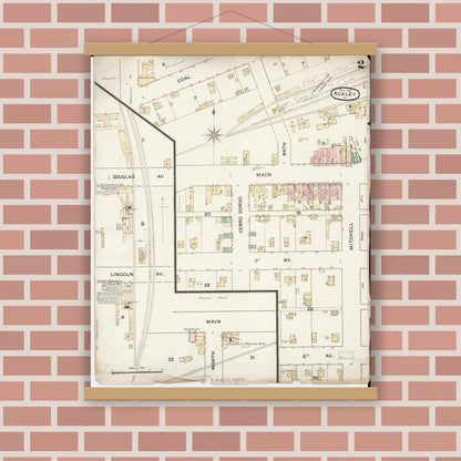 Old map wall art mockup — magnetic wood frame on brick wall — Sanborn Fire Insurance Map from Ackley, Hardin and Franklin Counties, Iowa (1888), Sheet #0002