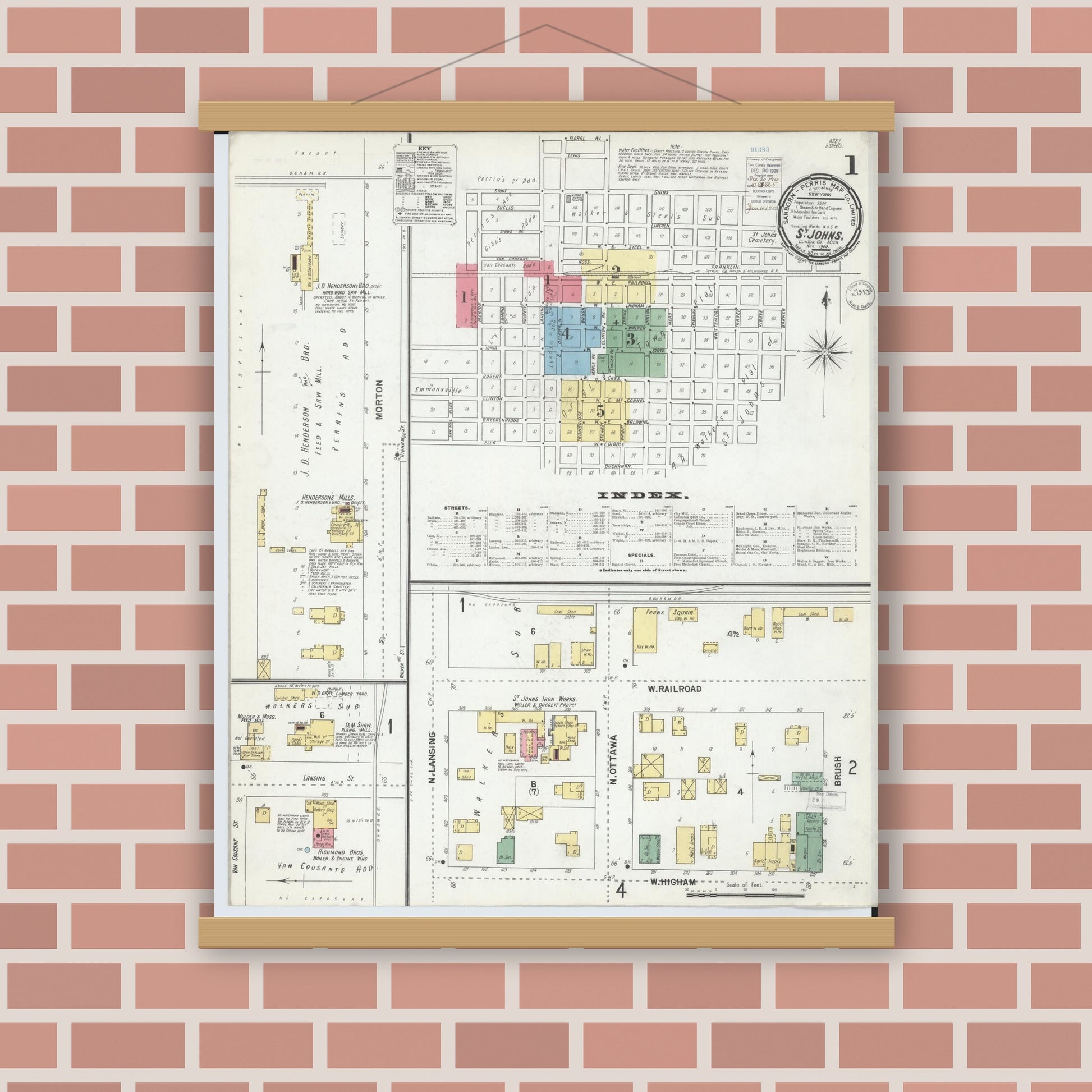 Old map wall art mockup — magnetic wood frame on brick wall — Sanborn Fire Insurance Map from Saint Johns, Clinton County, Michigan (1900) - Complete Map Set