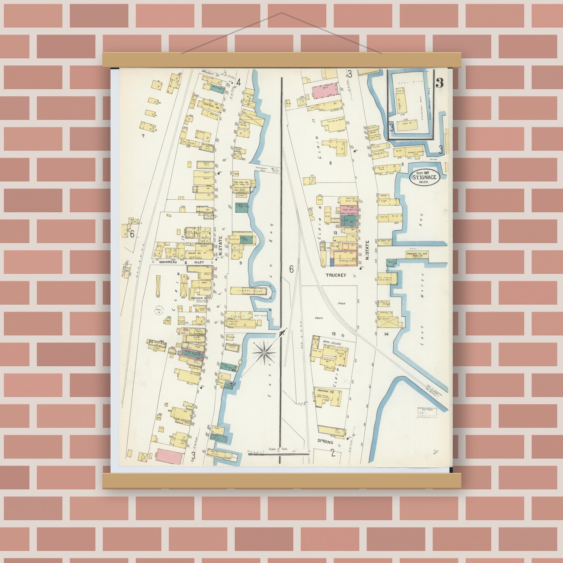 Old map wall art mockup — magnetic wood frame on brick wall — Sanborn Fire Insurance Map from Saint Ignace, Mackinac County, Michigan (1907), Sheet #0003