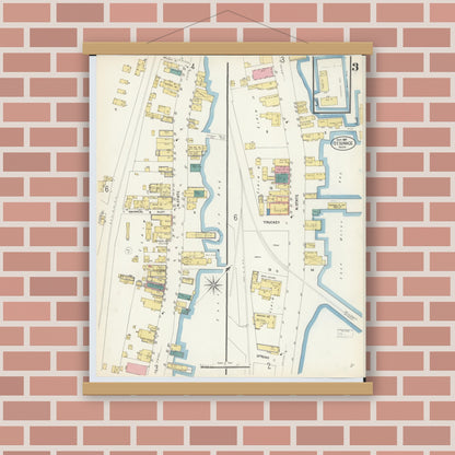 Old map wall art mockup — magnetic wood frame on brick wall — Sanborn Fire Insurance Map from Saint Ignace, Mackinac County, Michigan (1907), Sheet #0003