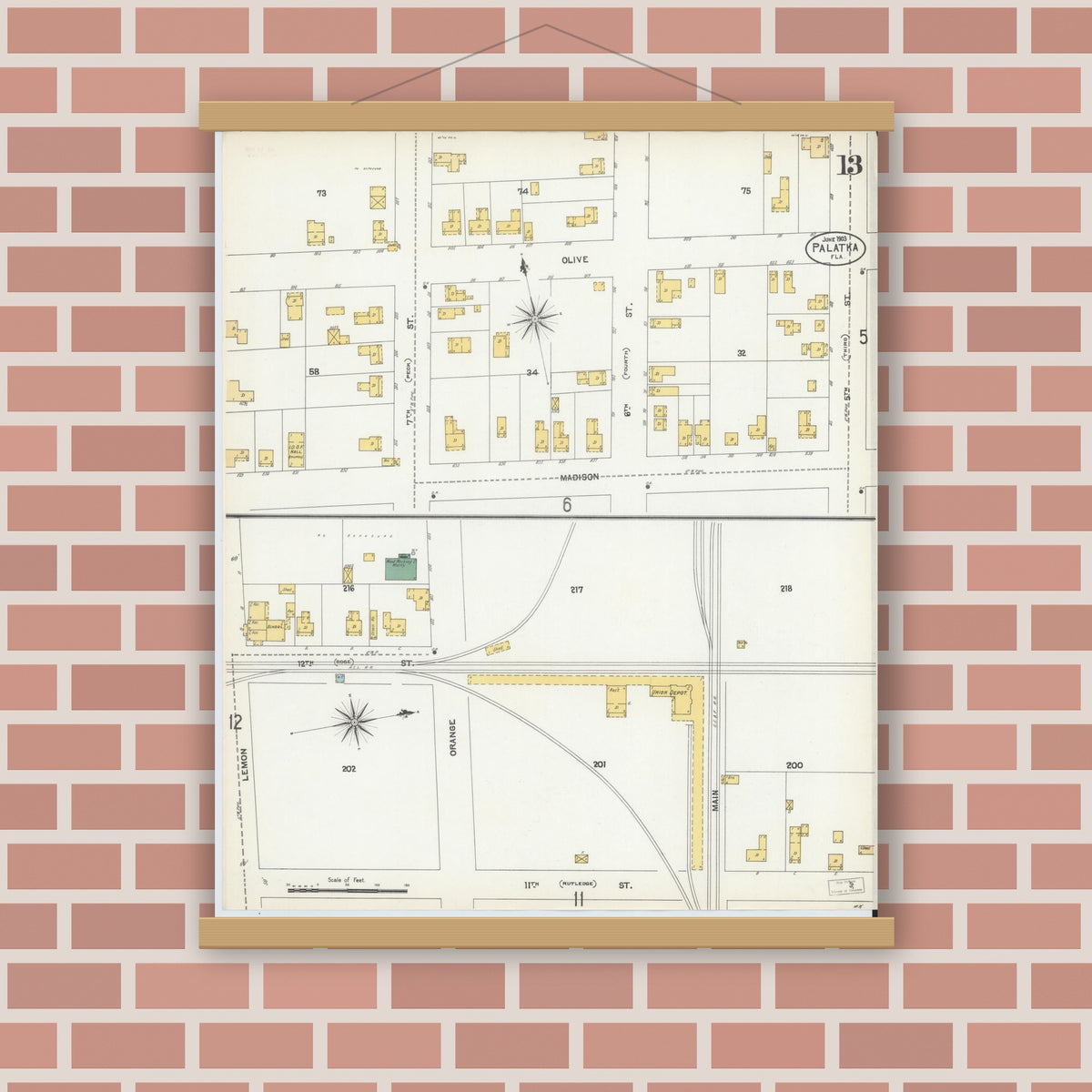 Old map wall art mockup — magnetic wood frame on brick wall — Sanborn Fire Insurance Map from Palatka, Putnam County, Florida (1903), Sheet #0013