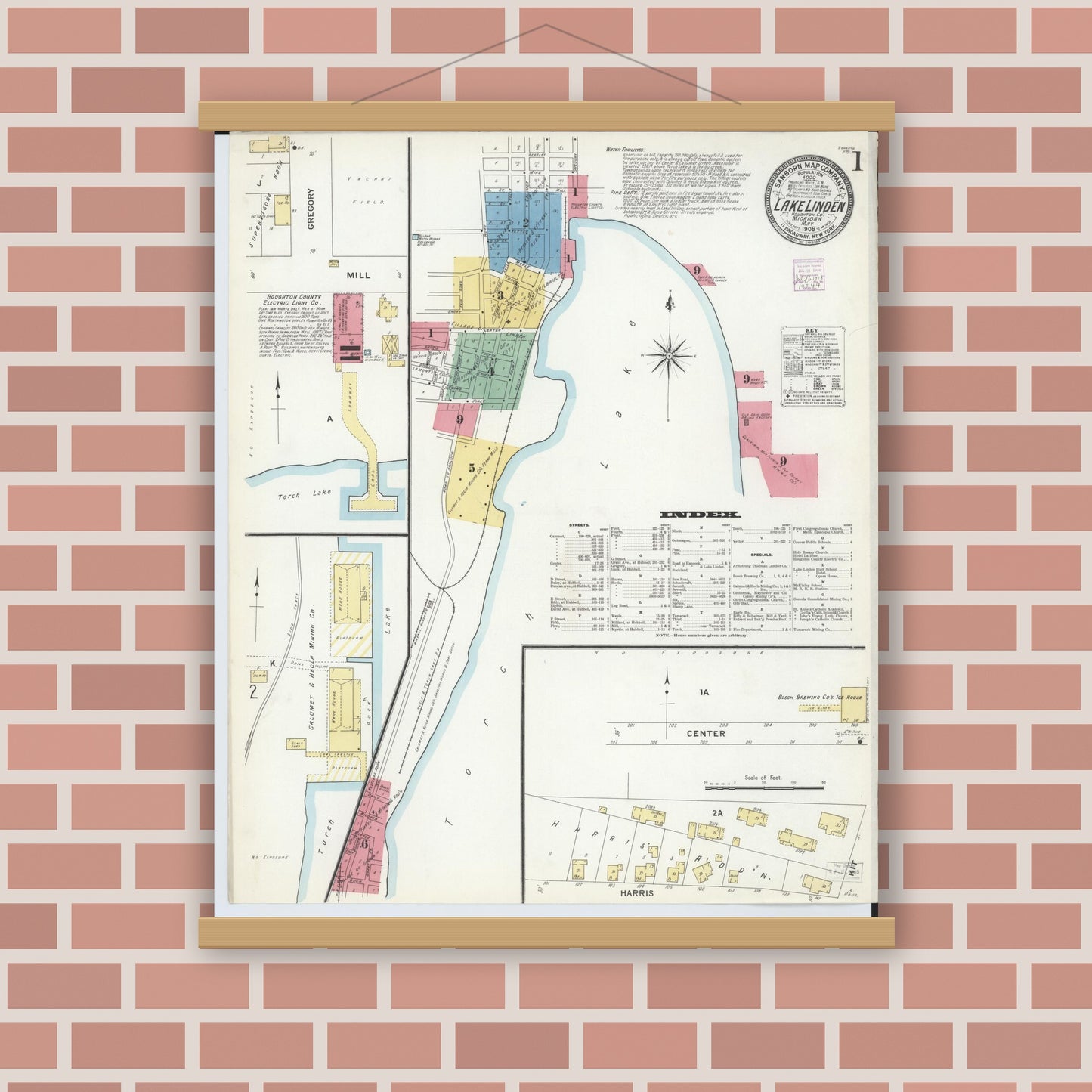 Old map wall art mockup — magnetic wood frame on brick wall — Sanborn Fire Insurance Map from Lake Linden, Houghton County, Michigan (1908), Sheet #0001