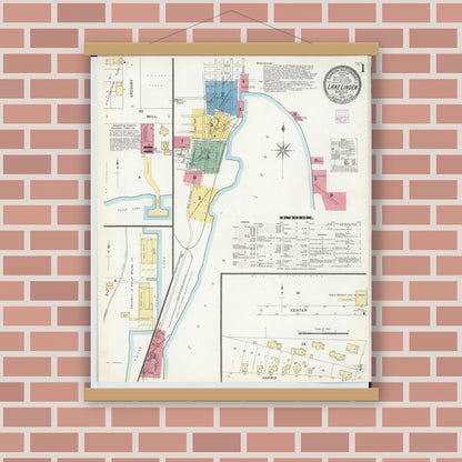 Old map wall art mockup — magnetic wood frame on brick wall — Sanborn Fire Insurance Map from Lake Linden, Houghton County, Michigan (1908), Sheet #0001