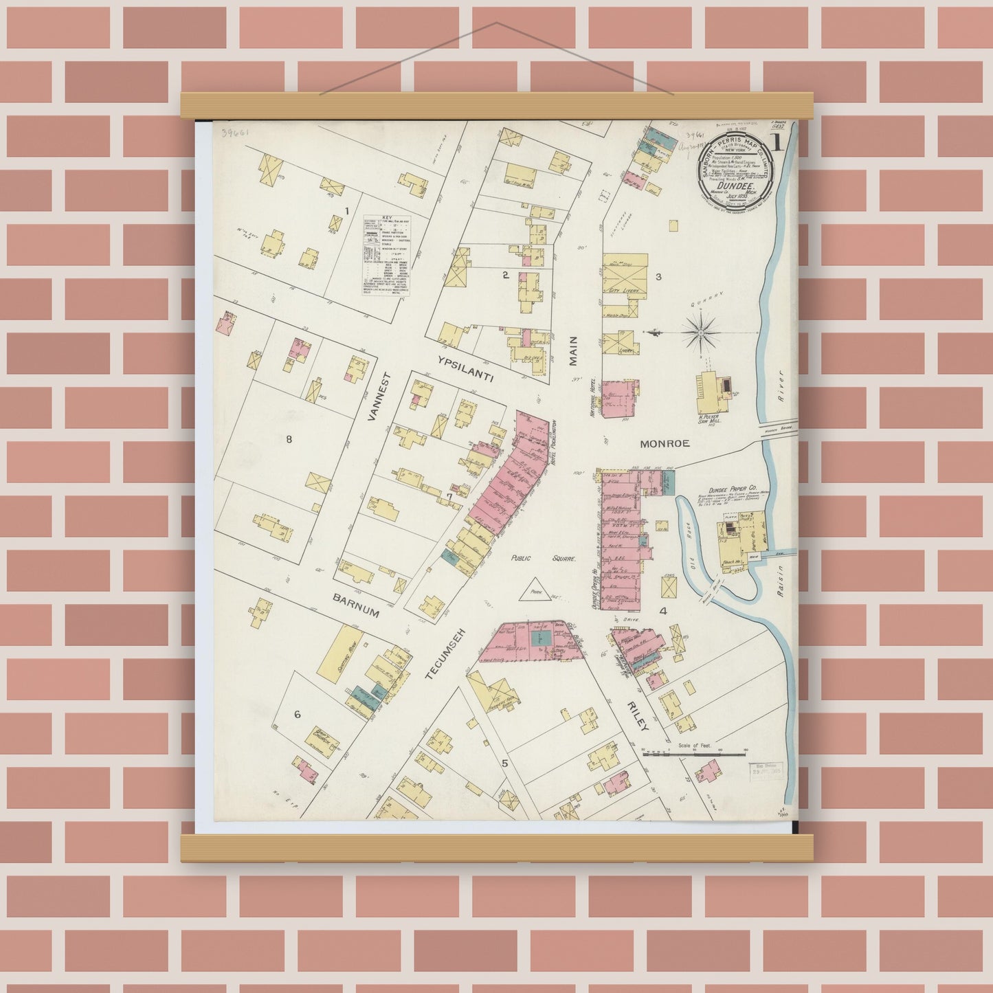 Old map wall art mockup — magnetic wood frame on brick wall — Sanborn Fire Insurance Map from Dundee, Monroe County, Michigan (1893) - Complete Map Set