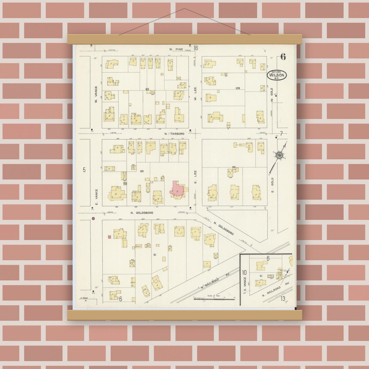 Old map wall art mockup — magnetic wood frame on brick wall — Sanborn Fire Insurance Map from Wilson, Wilson County, North Carolina (1913), Sheet #0006