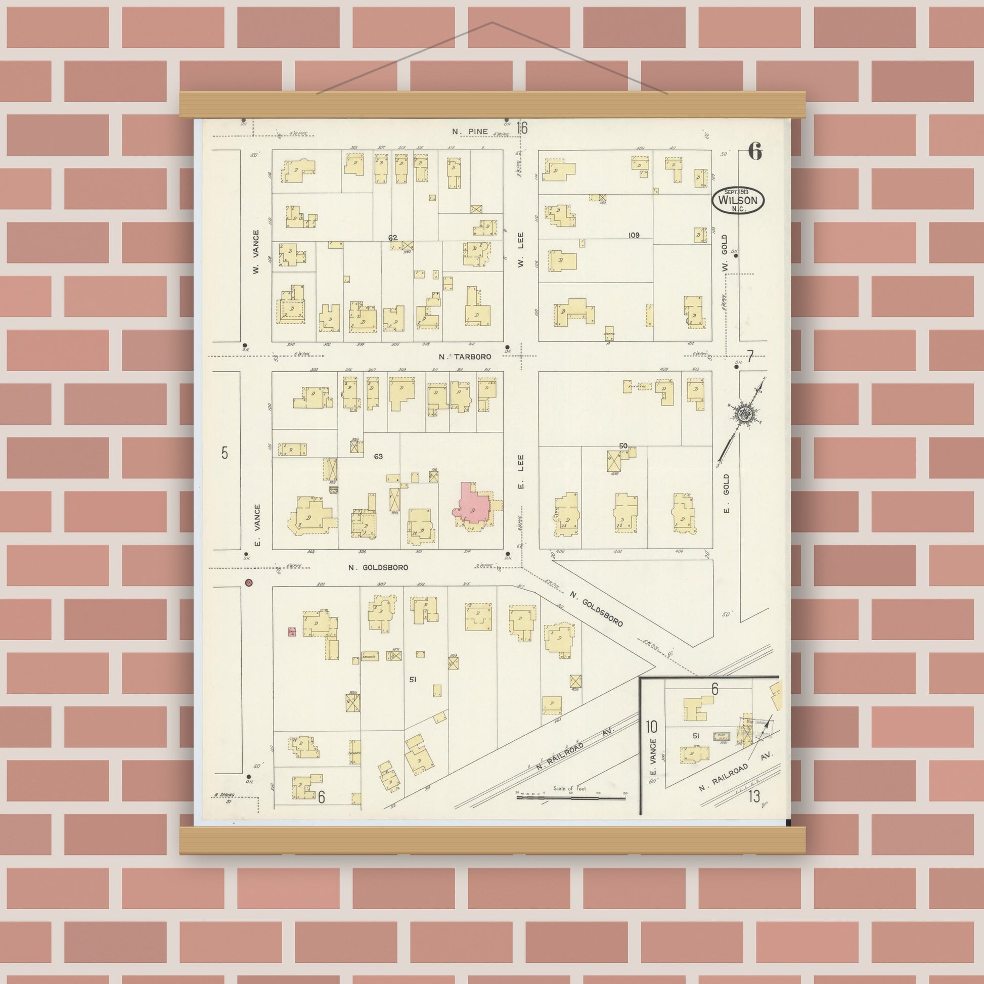 Old map wall art mockup — magnetic wood frame on brick wall — Sanborn Fire Insurance Map from Wilson, Wilson County, North Carolina (1913), Sheet #0006