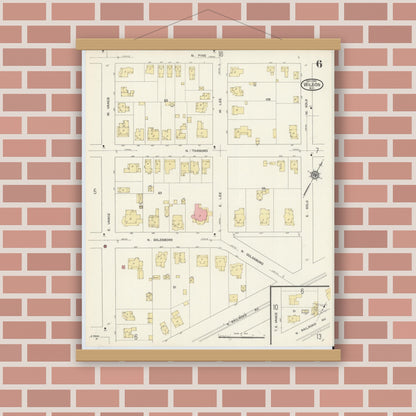 Old map wall art mockup — magnetic wood frame on brick wall — Sanborn Fire Insurance Map from Wilson, Wilson County, North Carolina (1913), Sheet #0006