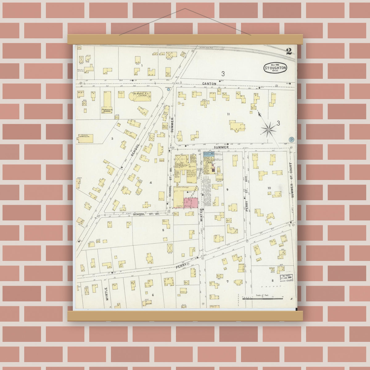 Old map wall art mockup — magnetic wood frame on brick wall — Sanborn Fire Insurance Map from Stoughton, Norfolk County, Massachusetts (1896), Sheet #0002
