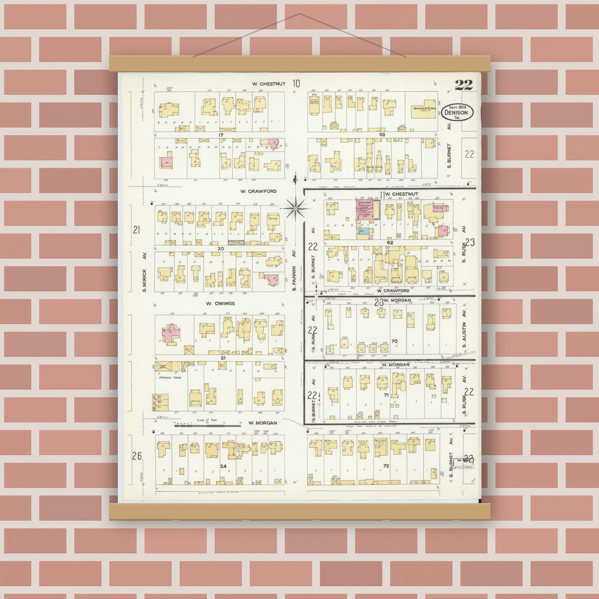 Old map wall art mockup — magnetic wood frame on brick wall — Sanborn Fire Insurance Map from Denison, Grayson County, Texas (1908), Sheet #0022