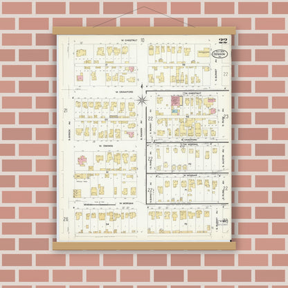 Old map wall art mockup — magnetic wood frame on brick wall — Sanborn Fire Insurance Map from Denison, Grayson County, Texas (1908), Sheet #0022