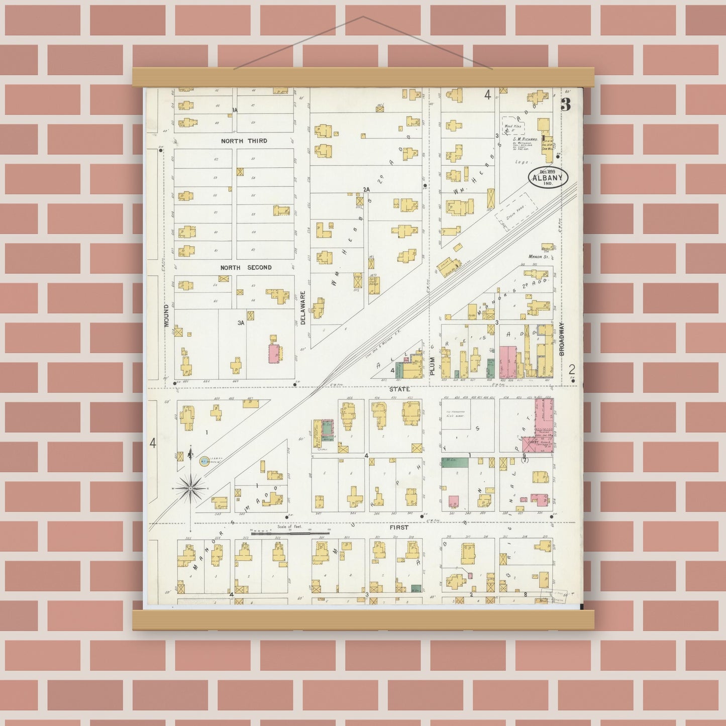 Old map wall art mockup — magnetic wood frame on brick wall — Sanborn Fire Insurance Map from Albany, Delaware County, Indiana (1899), Sheet #0003