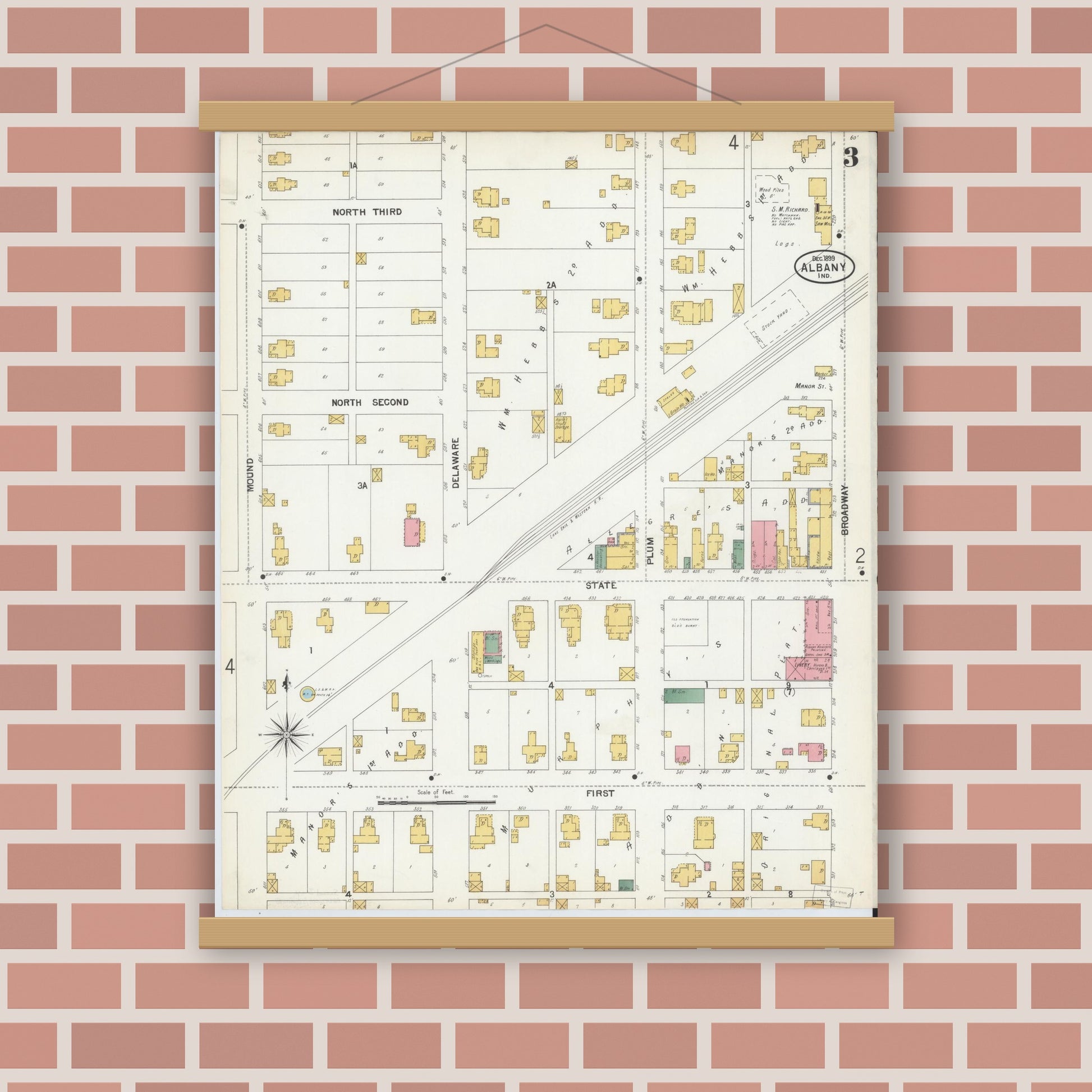Old map wall art mockup — magnetic wood frame on brick wall — Sanborn Fire Insurance Map from Albany, Delaware County, Indiana (1899), Sheet #0003