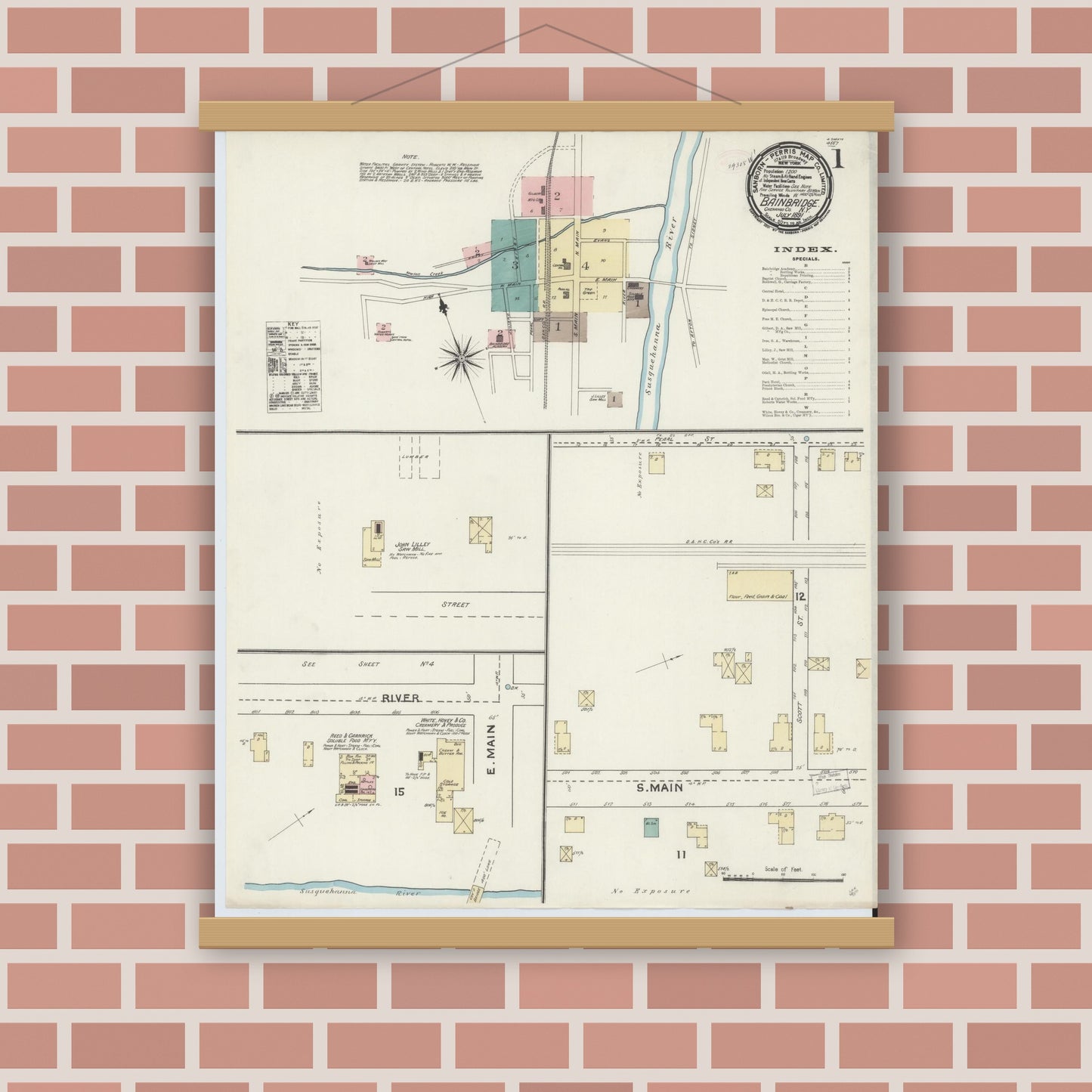 Old map wall art mockup — magnetic wood frame on brick wall — Sanborn Fire Insurance Map from Bainbridge, Chenango County, New York (1891) - Complete Map Set