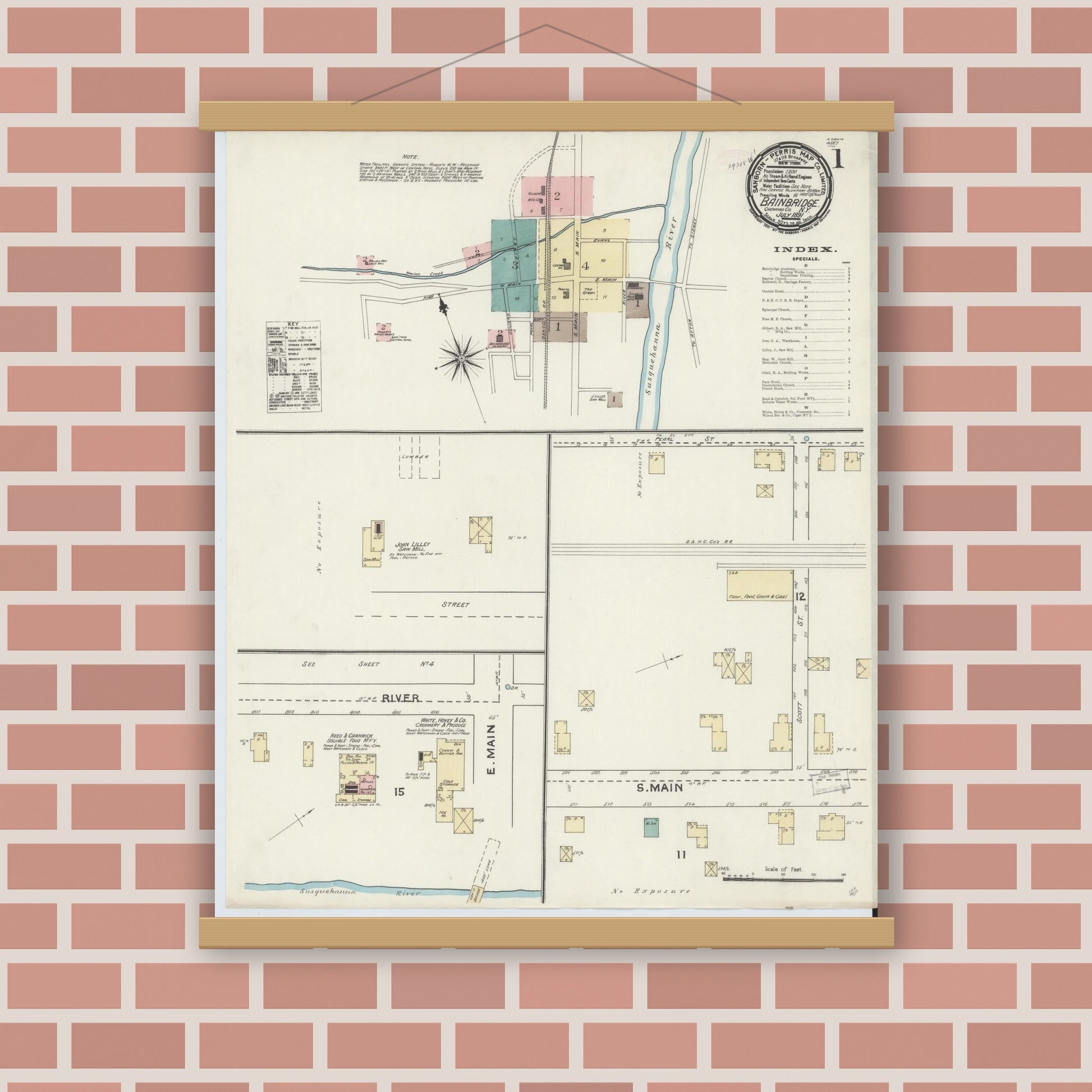 Old map wall art mockup — magnetic wood frame on brick wall — Sanborn Fire Insurance Map from Bainbridge, Chenango County, New York (1891) - Complete Map Set