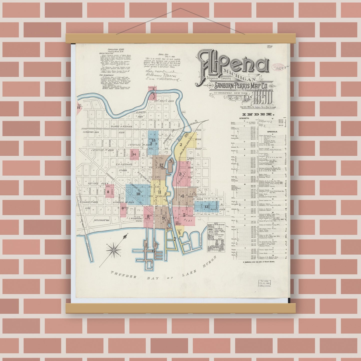Old map wall art mockup — magnetic wood frame on brick wall — Sanborn Fire Insurance Map from Alpena, Alpena County, Michigan (1890), Sheet #0001