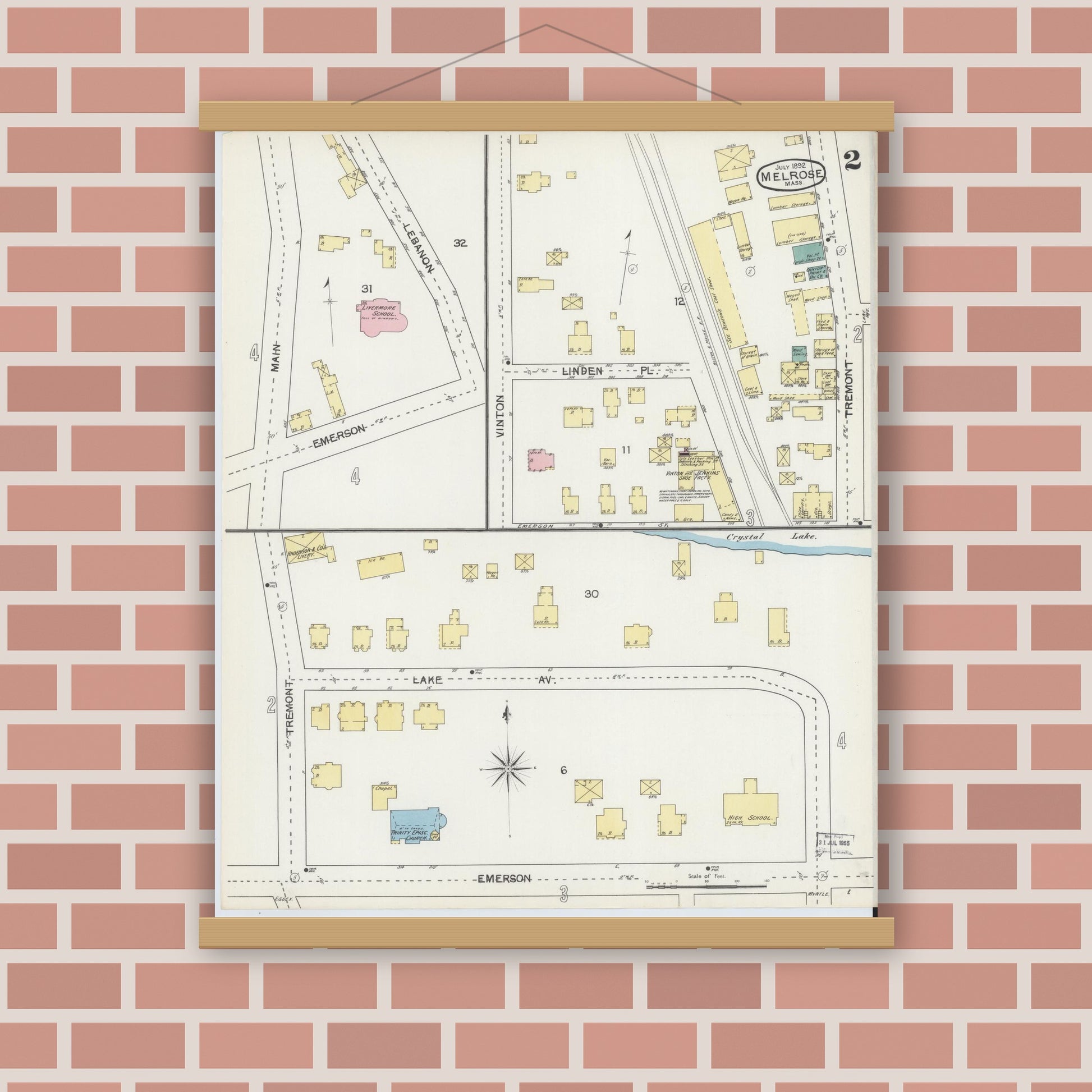 Old map wall art mockup — magnetic wood frame on brick wall — Sanborn Fire Insurance Map from Melrose, Middlesex County, Massachusetts (1892), Sheet #0002