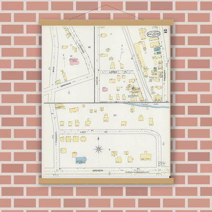 Old map wall art mockup — magnetic wood frame on brick wall — Sanborn Fire Insurance Map from Melrose, Middlesex County, Massachusetts (1892), Sheet #0002