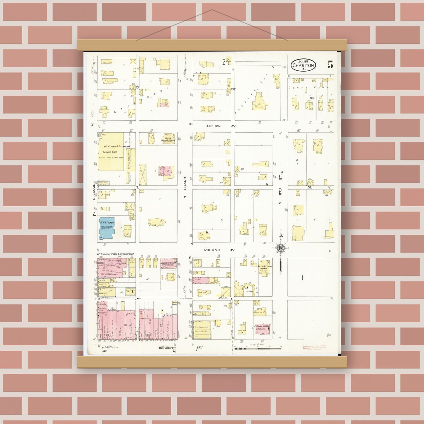 Old map wall art mockup — magnetic wood frame on brick wall — Sanborn Fire Insurance Map from Chariton, Lucas County, Iowa (1913), Sheet #0005