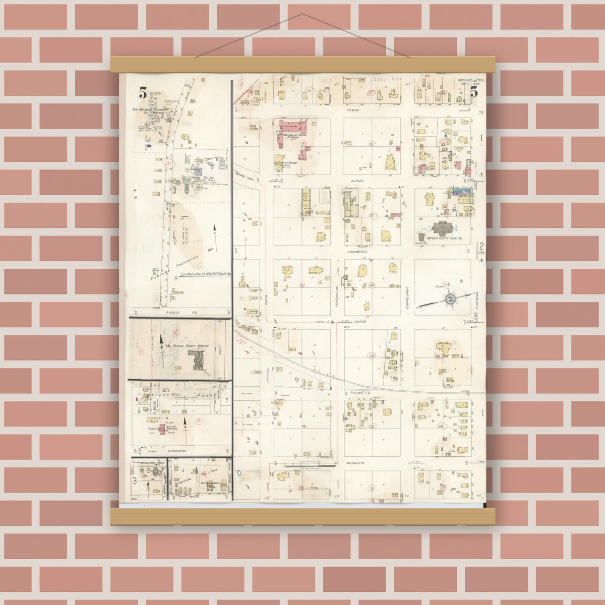 Old map wall art mockup — magnetic wood frame on brick wall — Sanborn Fire Insurance Map from Refugio, Refugio County, Texas (1942), Sheet #0005