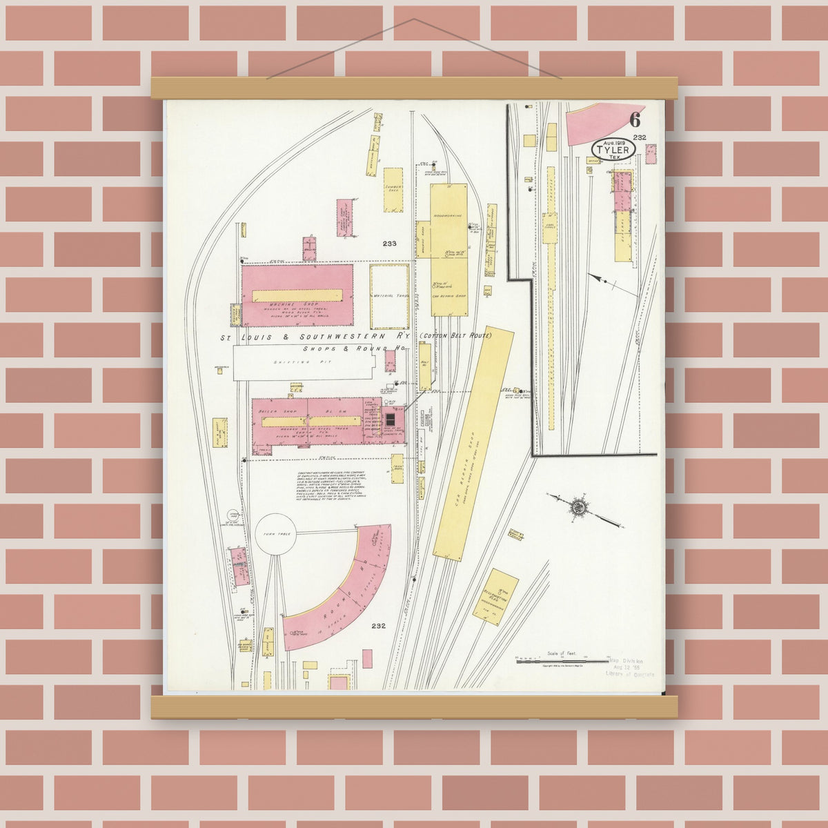 Old map wall art mockup — magnetic wood frame on brick wall — Sanborn Fire Insurance Map from Tyler, Smith County, Texas (1919), Sheet #0006