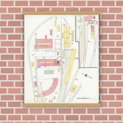 Old map wall art mockup — magnetic wood frame on brick wall — Sanborn Fire Insurance Map from Tyler, Smith County, Texas (1919), Sheet #0006
