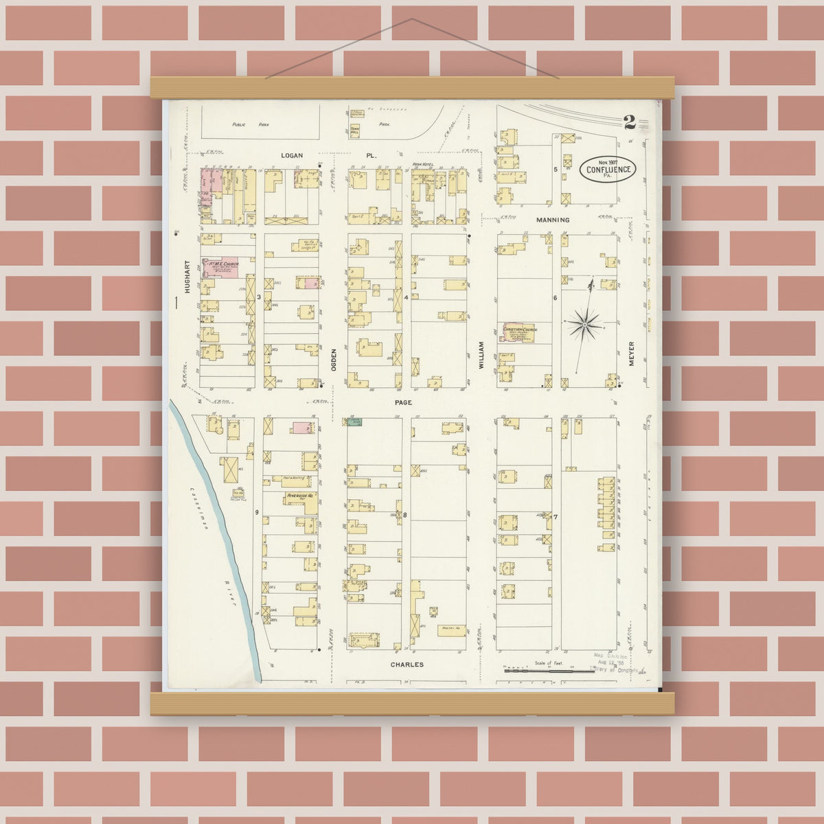 Old map wall art mockup — magnetic wood frame on brick wall — Sanborn Fire Insurance Map from Confluence, Somerset County, Pennsylvania (1907), Sheet #0002