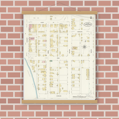 Old map wall art mockup — magnetic wood frame on brick wall — Sanborn Fire Insurance Map from Confluence, Somerset County, Pennsylvania (1907), Sheet #0002