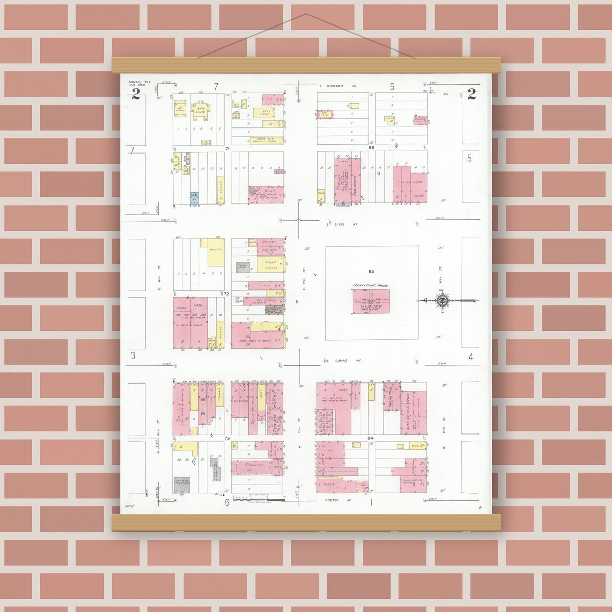 Old map wall art mockup — magnetic wood frame on brick wall — Sanborn Fire Insurance Map from Dumas, Moore County, Texas (1950), Sheet #0002