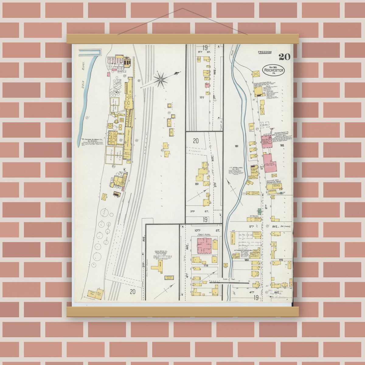 Old map wall art mockup — magnetic wood frame on brick wall — Sanborn Fire Insurance Map from Rochester, Beaver County, Pennsylvania (1903), Sheet #0020