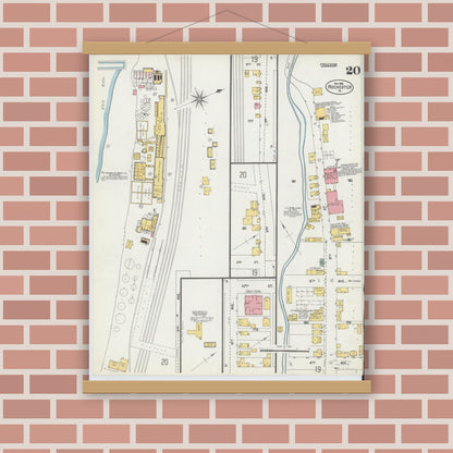 Old map wall art mockup — magnetic wood frame on brick wall — Sanborn Fire Insurance Map from Rochester, Beaver County, Pennsylvania (1903), Sheet #0020