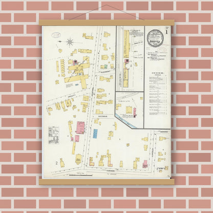 Old map wall art mockup — magnetic wood frame on brick wall — Sanborn Fire Insurance Map from Brookfield, Worcester County, Massachusetts (1898), Sheet #0001