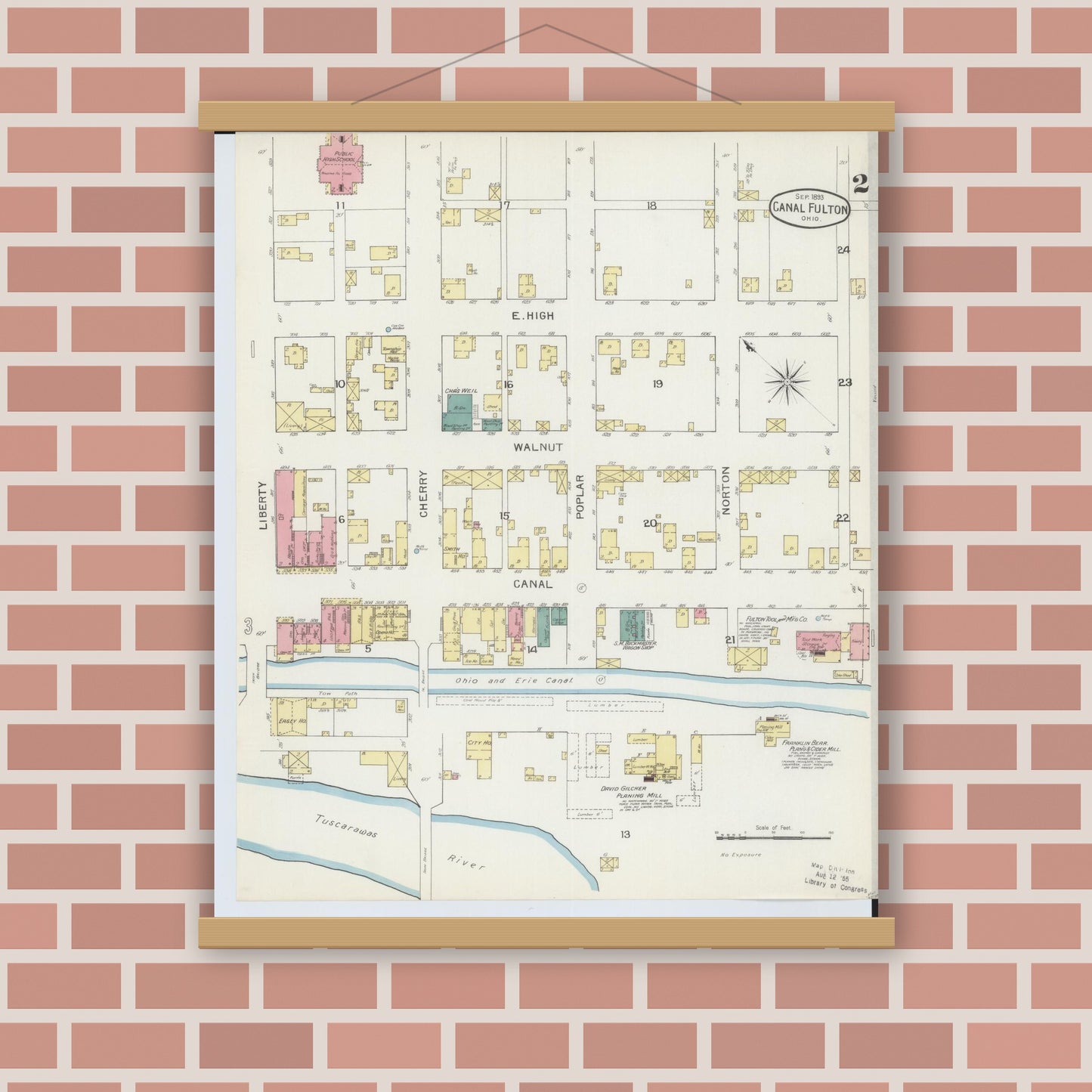 Old map wall art mockup — magnetic wood frame on brick wall — Sanborn Fire Insurance Map from Canal Fulton, Stark County, Ohio (1893), Sheet #0002