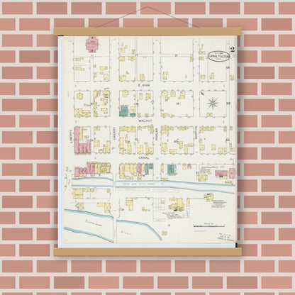 Old map wall art mockup — magnetic wood frame on brick wall — Sanborn Fire Insurance Map from Canal Fulton, Stark County, Ohio (1893), Sheet #0002