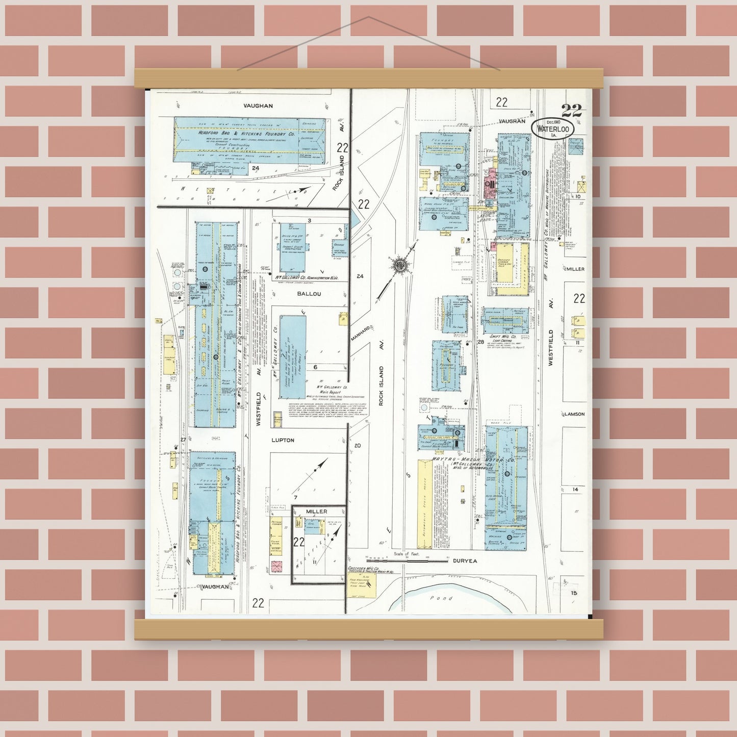 Old map wall art mockup — magnetic wood frame on brick wall — Sanborn Fire Insurance Map from Waterloo, Black Hawk County, Iowa (1910), Sheet #0022