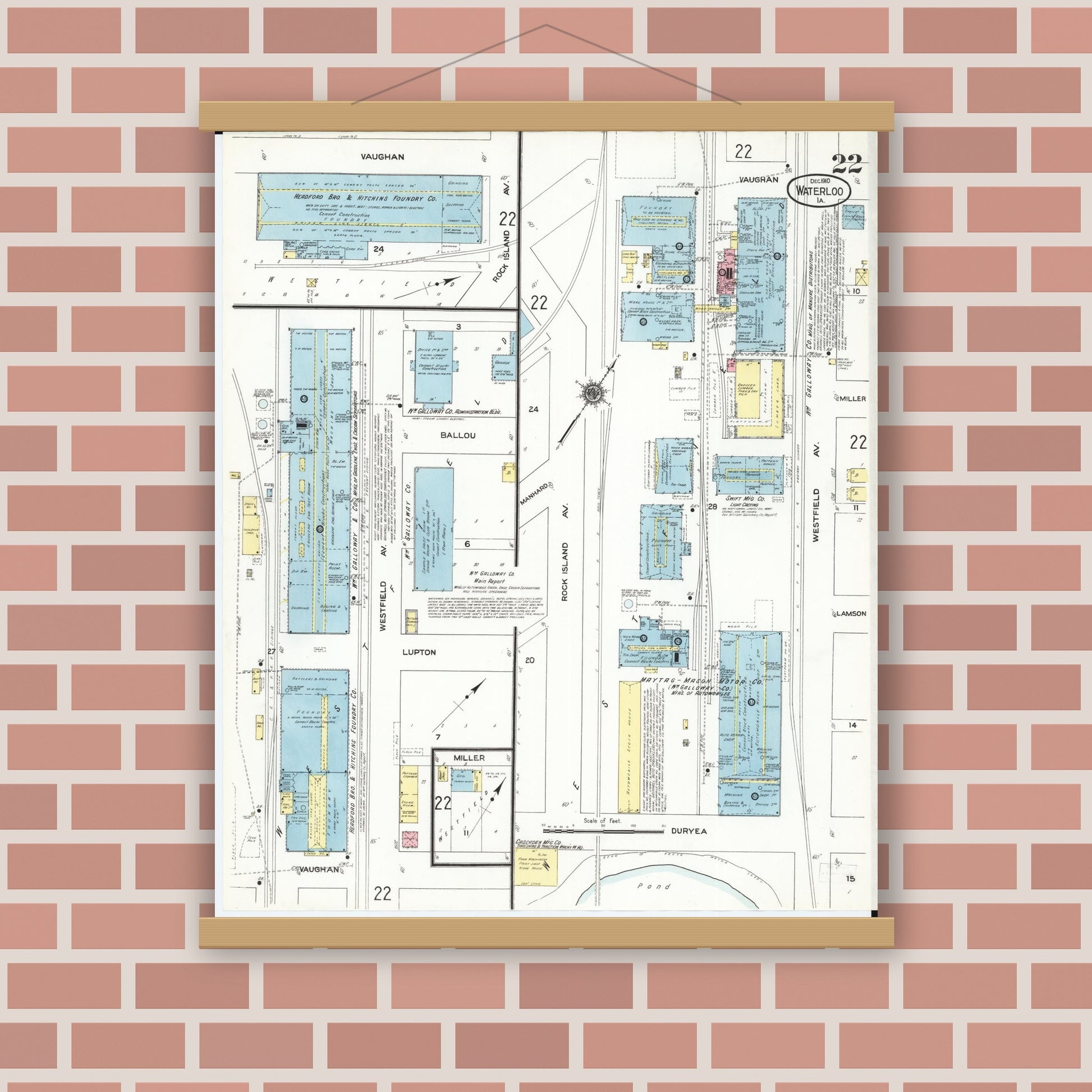 Old map wall art mockup — magnetic wood frame on brick wall — Sanborn Fire Insurance Map from Waterloo, Black Hawk County, Iowa (1910), Sheet #0022