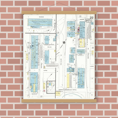 Old map wall art mockup — magnetic wood frame on brick wall — Sanborn Fire Insurance Map from Waterloo, Black Hawk County, Iowa (1910), Sheet #0022
