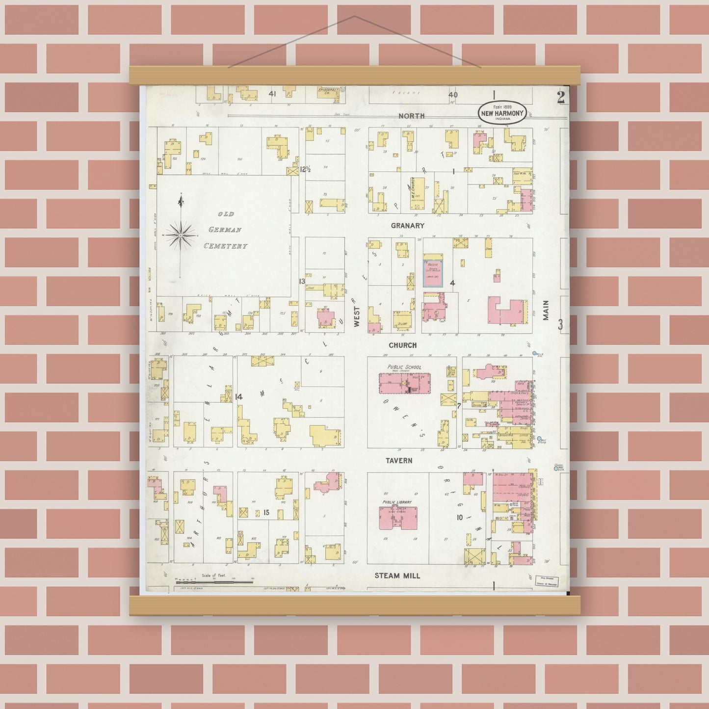 Old map wall art mockup — magnetic wood frame on brick wall — Sanborn Fire Insurance Map from New Harmony, Posey County, Indiana (1899), Sheet #0002