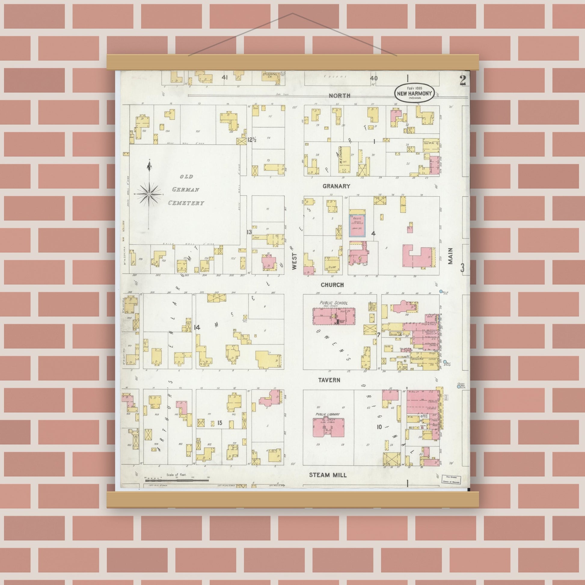 Old map wall art mockup — magnetic wood frame on brick wall — Sanborn Fire Insurance Map from New Harmony, Posey County, Indiana (1899), Sheet #0002
