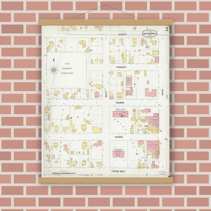 Old map wall art mockup — magnetic wood frame on brick wall — Sanborn Fire Insurance Map from New Harmony, Posey County, Indiana (1899), Sheet #0002