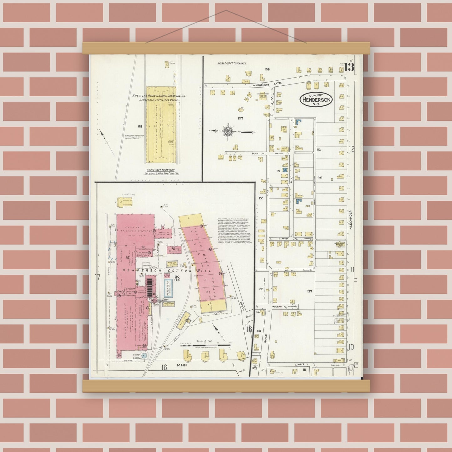Old map wall art mockup — magnetic wood frame on brick wall — Sanborn Fire Insurance Map from Henderson, Vance County, North Carolina (1917), Sheet #0013