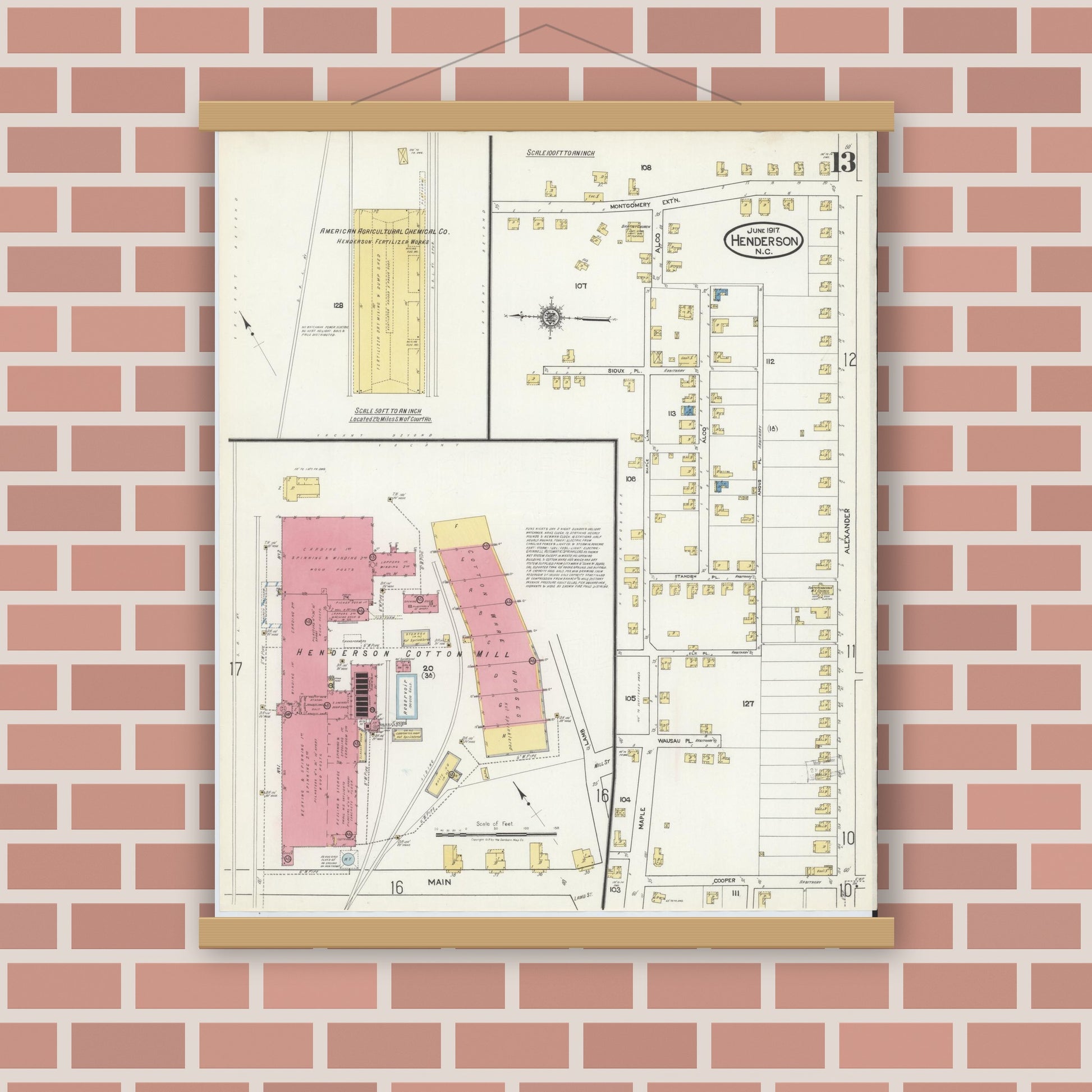 Old map wall art mockup — magnetic wood frame on brick wall — Sanborn Fire Insurance Map from Henderson, Vance County, North Carolina (1917), Sheet #0013