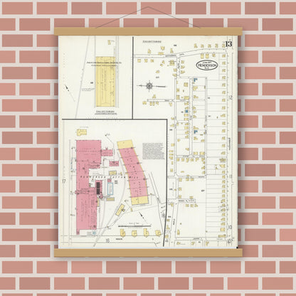 Old map wall art mockup — magnetic wood frame on brick wall — Sanborn Fire Insurance Map from Henderson, Vance County, North Carolina (1917), Sheet #0013