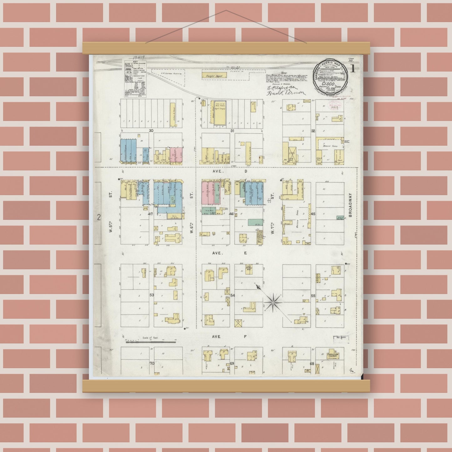Old map wall art mockup — magnetic wood frame on brick wall — Sanborn Fire Insurance Map from Cisco, Eastland County, Texas (1896), Sheet #0001