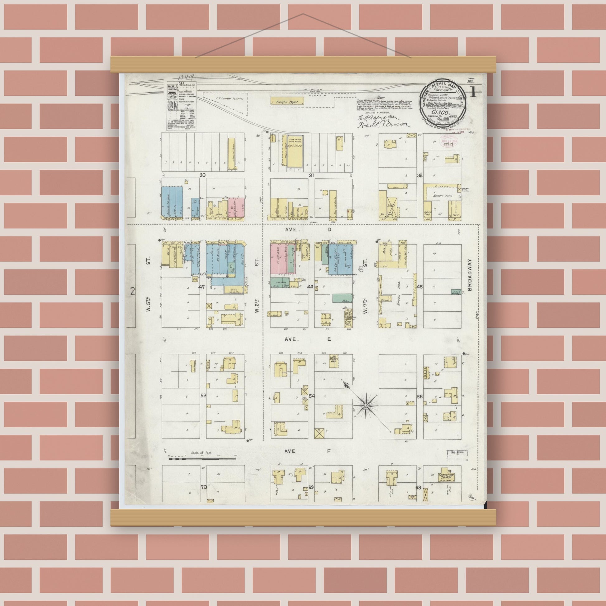 Old map wall art mockup — magnetic wood frame on brick wall — Sanborn Fire Insurance Map from Cisco, Eastland County, Texas (1896), Sheet #0001