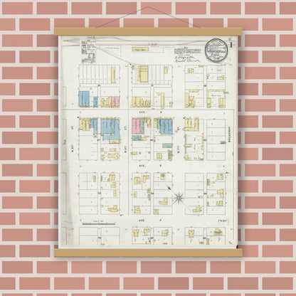 Old map wall art mockup — magnetic wood frame on brick wall — Sanborn Fire Insurance Map from Cisco, Eastland County, Texas (1896), Sheet #0001